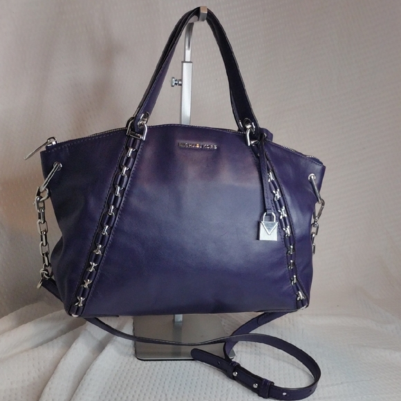 Michael Kors Sadie Large Top Zip Satchel Dark Purple Shoulder Bag Rock N Roll